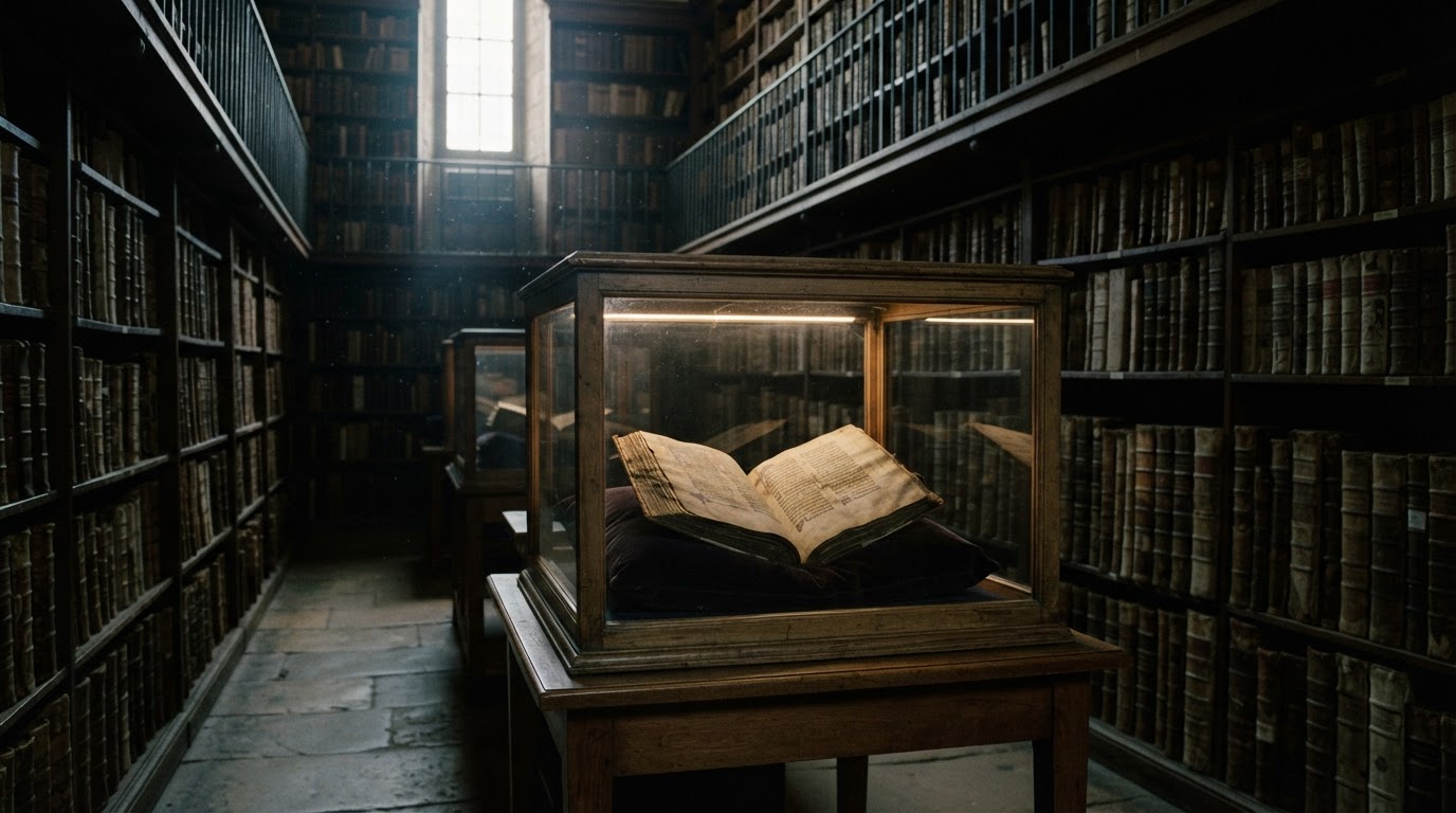 The stacks of an old library, an unnamed unknown manuscript resting inside a glass display case (AI-generated image)