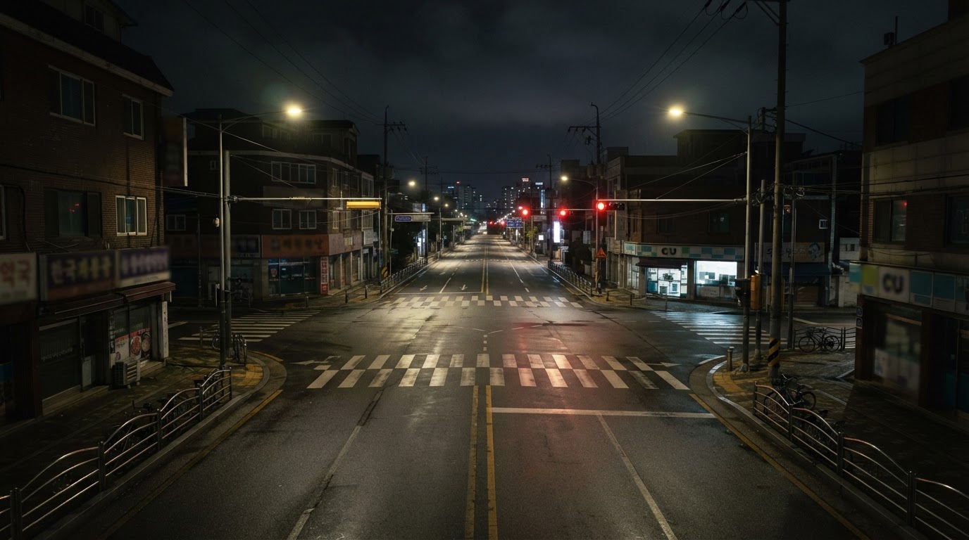A quiet five-way intersection in Iksan at 2am, empty roads lit only by streetlamps (AI-generated image)
