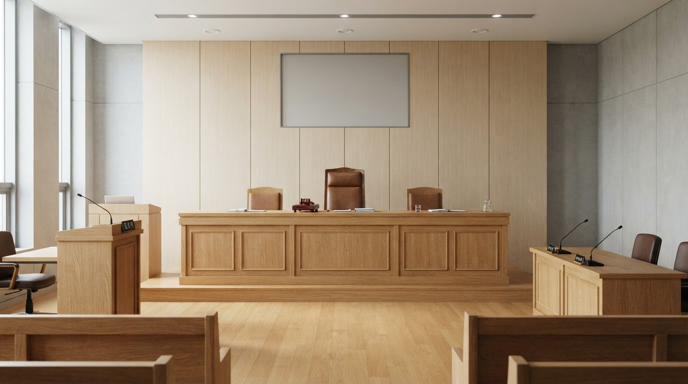 The quiet front of a courtroom, an empty judge's bench under calm lighting (AI-generated image)
