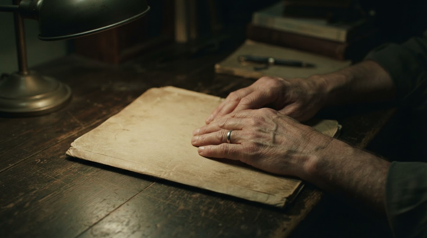 Hands reopening an old retrial case folder on a desk, softly blurred (no legible text, AI-generated image)
