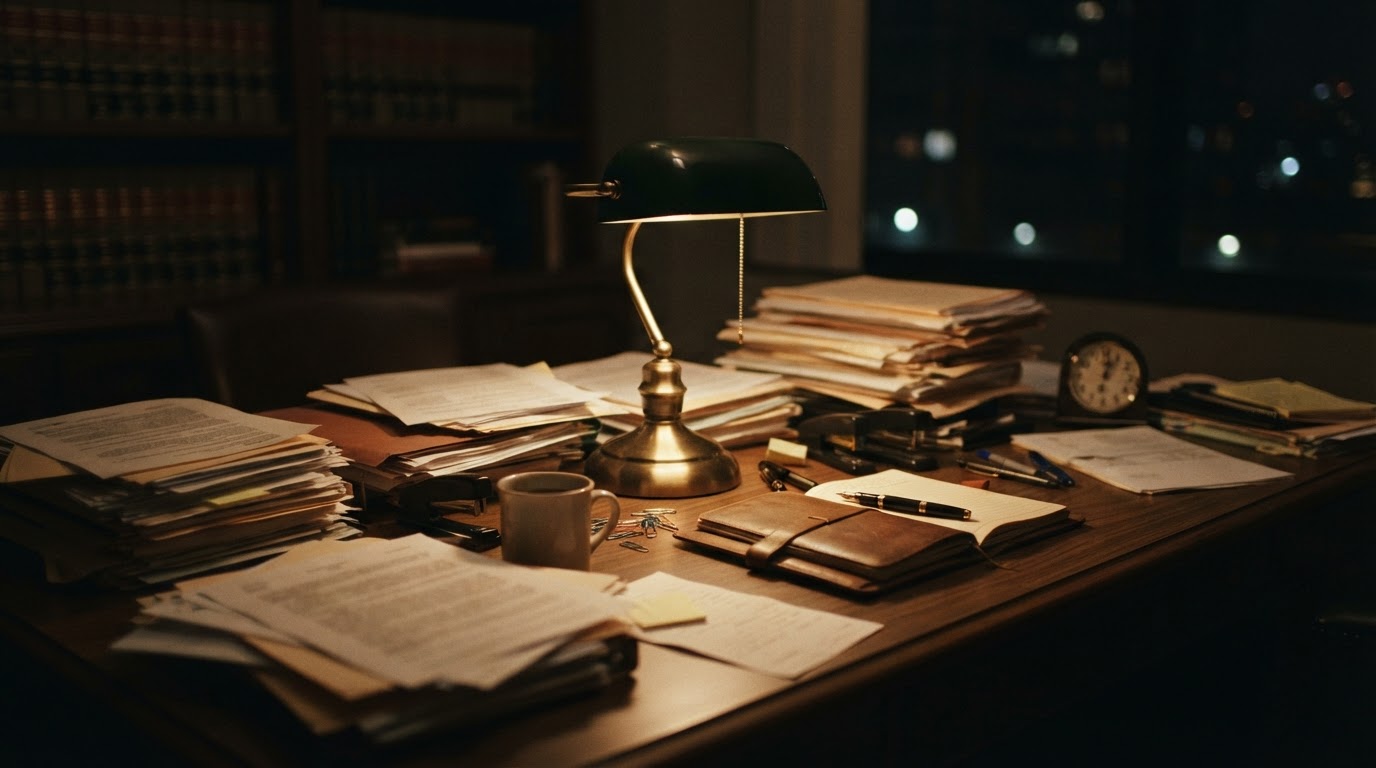 A lawyer's office desk with stacks of documents and a glowing desk lamp (no legible text, AI-generated image)