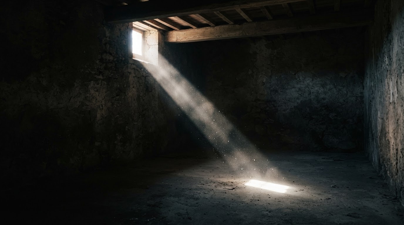 A single beam of light cutting through darkness, a lyrical symbol of truth emerging (AI-generated image)