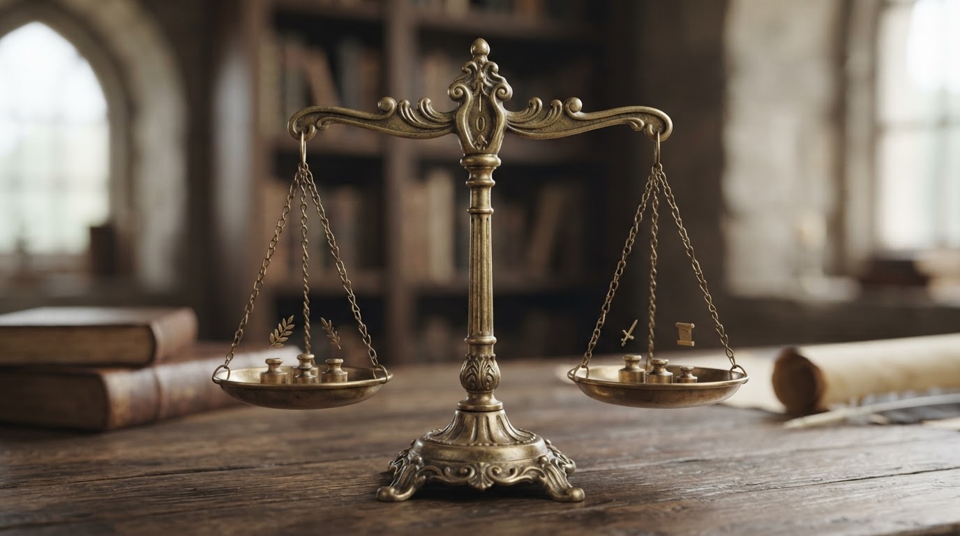 A balanced scale of justice in equilibrium, a symbolic image against a calm background (no legible text, AI-generated image)
