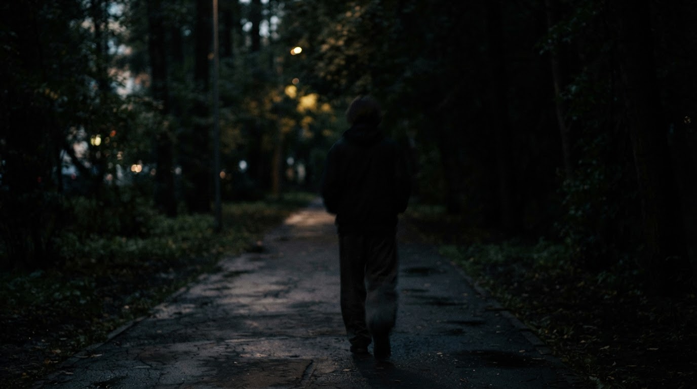 A single blurred silhouette of an unidentifiable figure disappearing into darkness (not a composite sketch, identity fully obscured, AI-generated image)