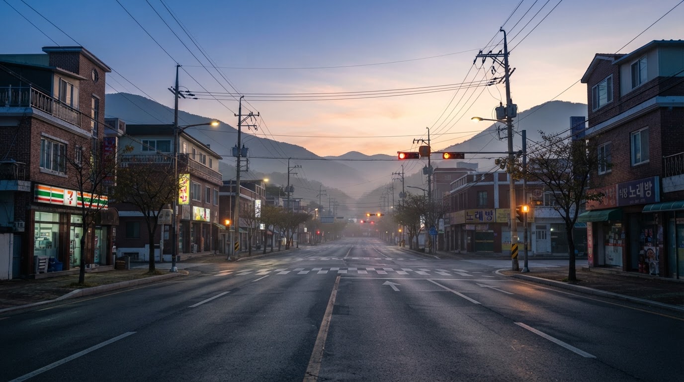 A city sky brightening at first light of dawn over a quiet intersection (AI-generated image)