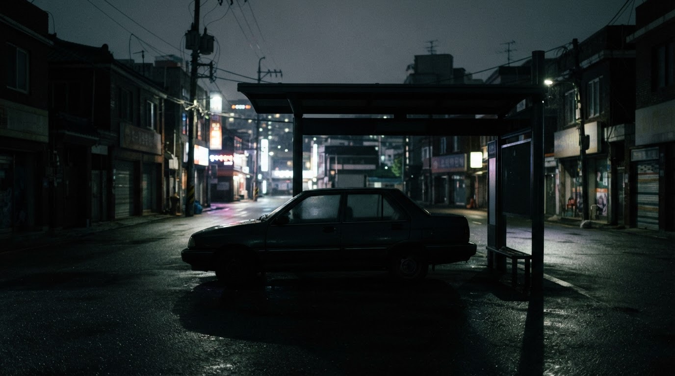 An unlit taxi stand at night, the silhouette of an old taxi standing motionless in the dark (AI-generated image)