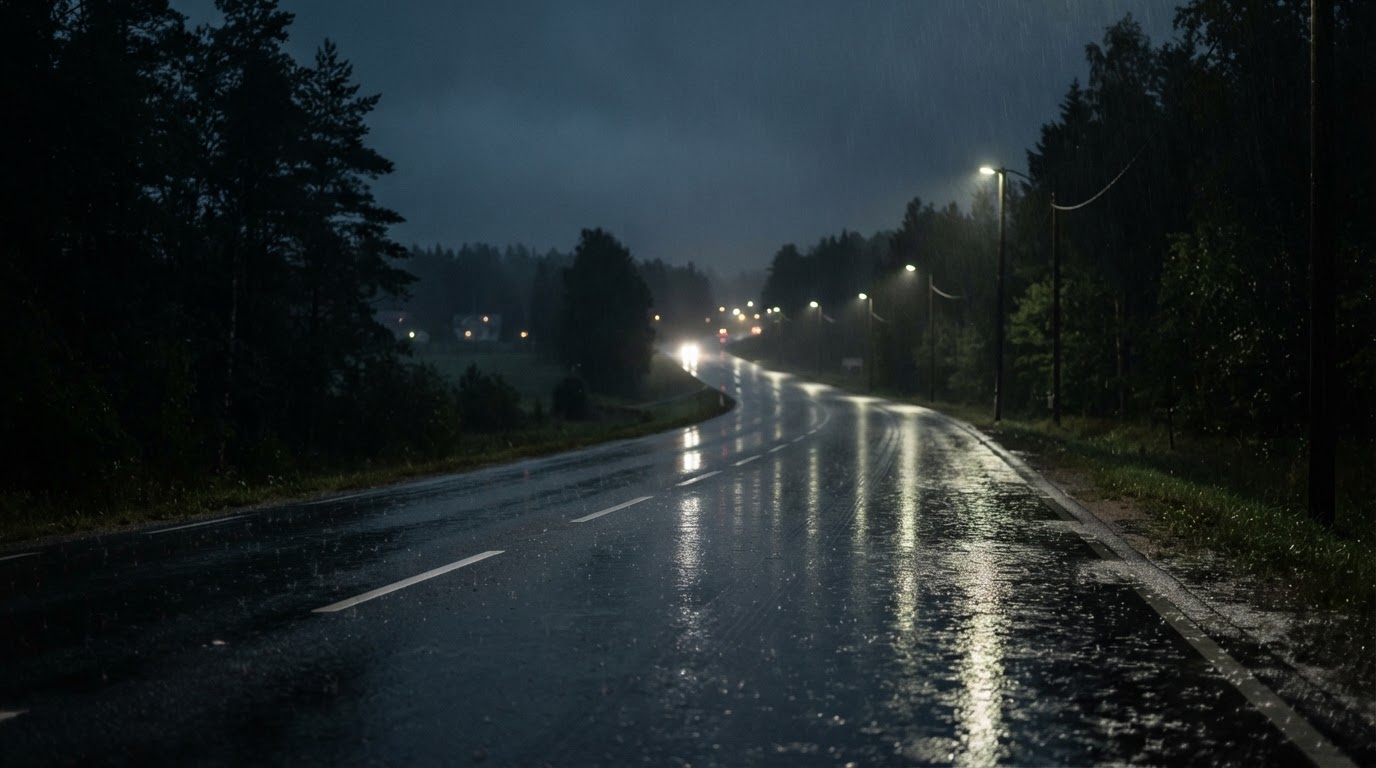 A rain-soaked provincial highway at night, blurred lights smearing across wet asphalt (AI-generated image)