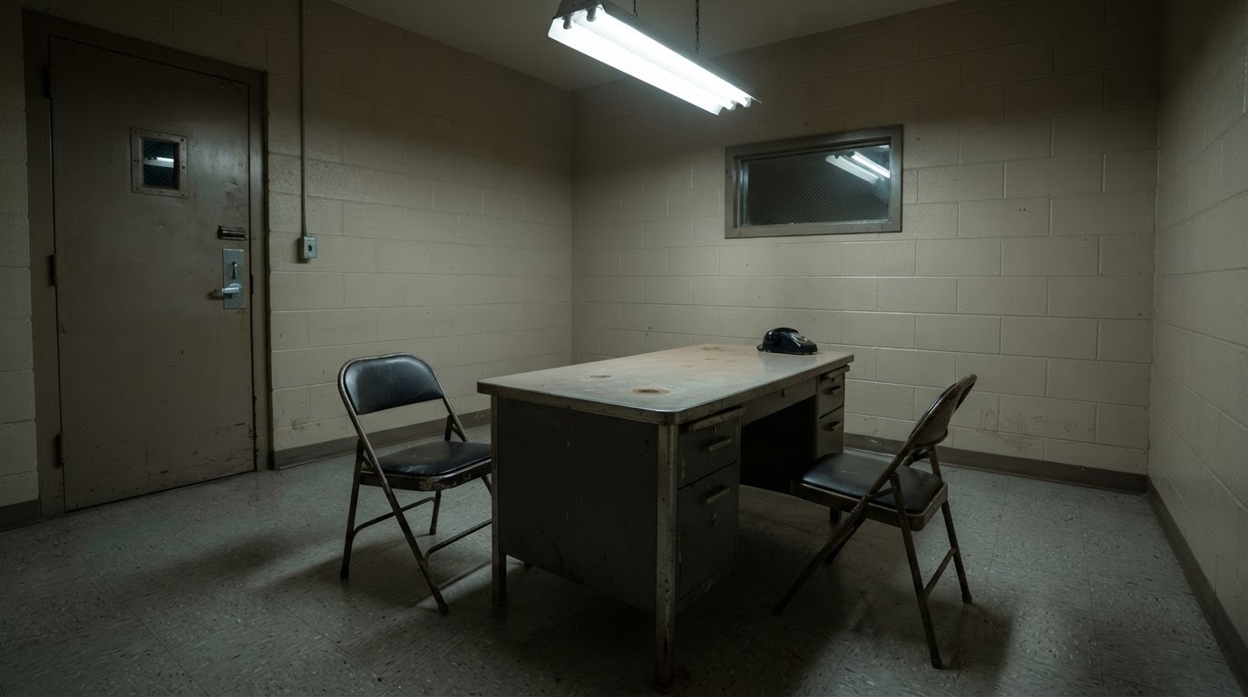 An empty interrogation room, a single worn desk and a cold overhead light (AI-generated image)