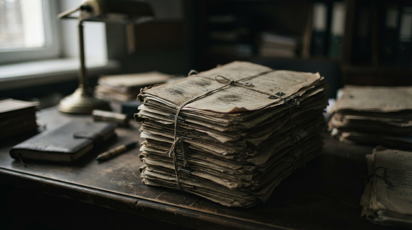 A stack of old case documents on a desk, the writing deliberately blurred beyond reading (no legible text, AI-generated image)