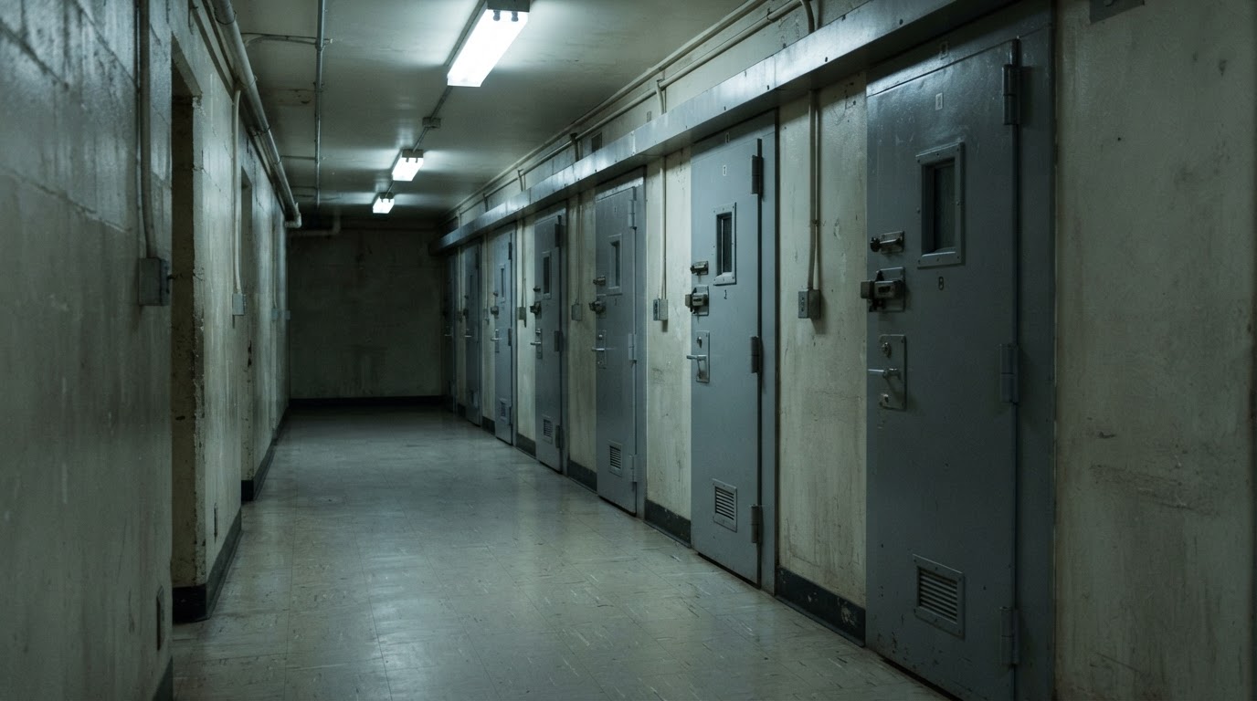 A narrow dim corridor leading to holding cells, a row of cold steel doors (AI-generated image)