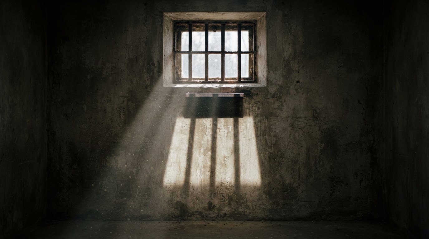 A single beam of light through a small barred prison window, bars' shadow on the wall (AI-generated image)