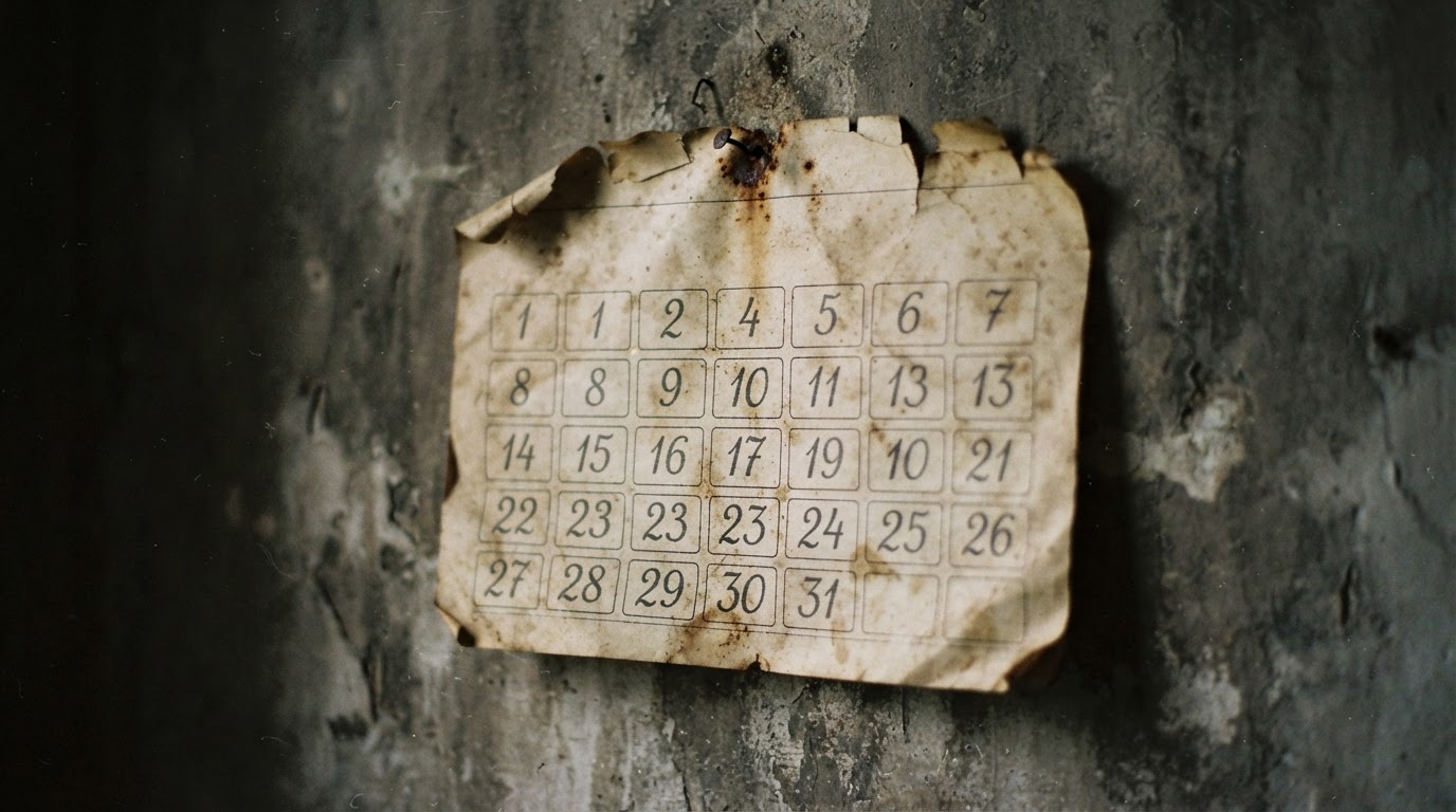 An old wall calendar marking the passage of years, numbers blurred beyond reading (no legible text, AI-generated image)