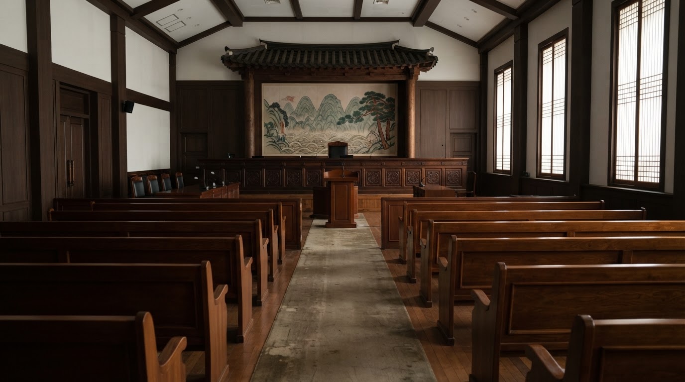 An empty courtroom interior, unoccupied gallery benches, still and solemn (AI-generated image)