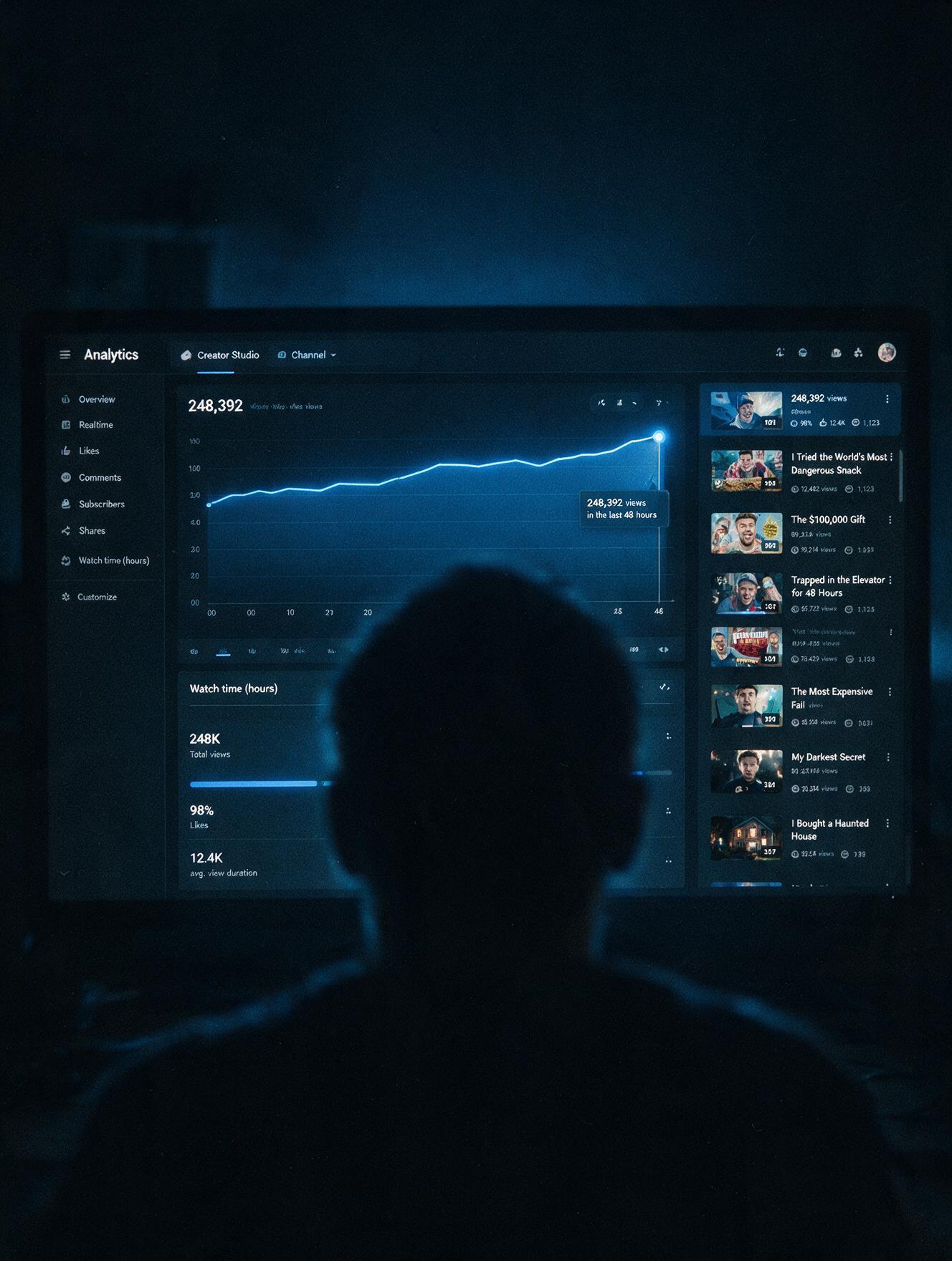 A silhouette staring at a screen where the view-count graph climbs steadily upward.