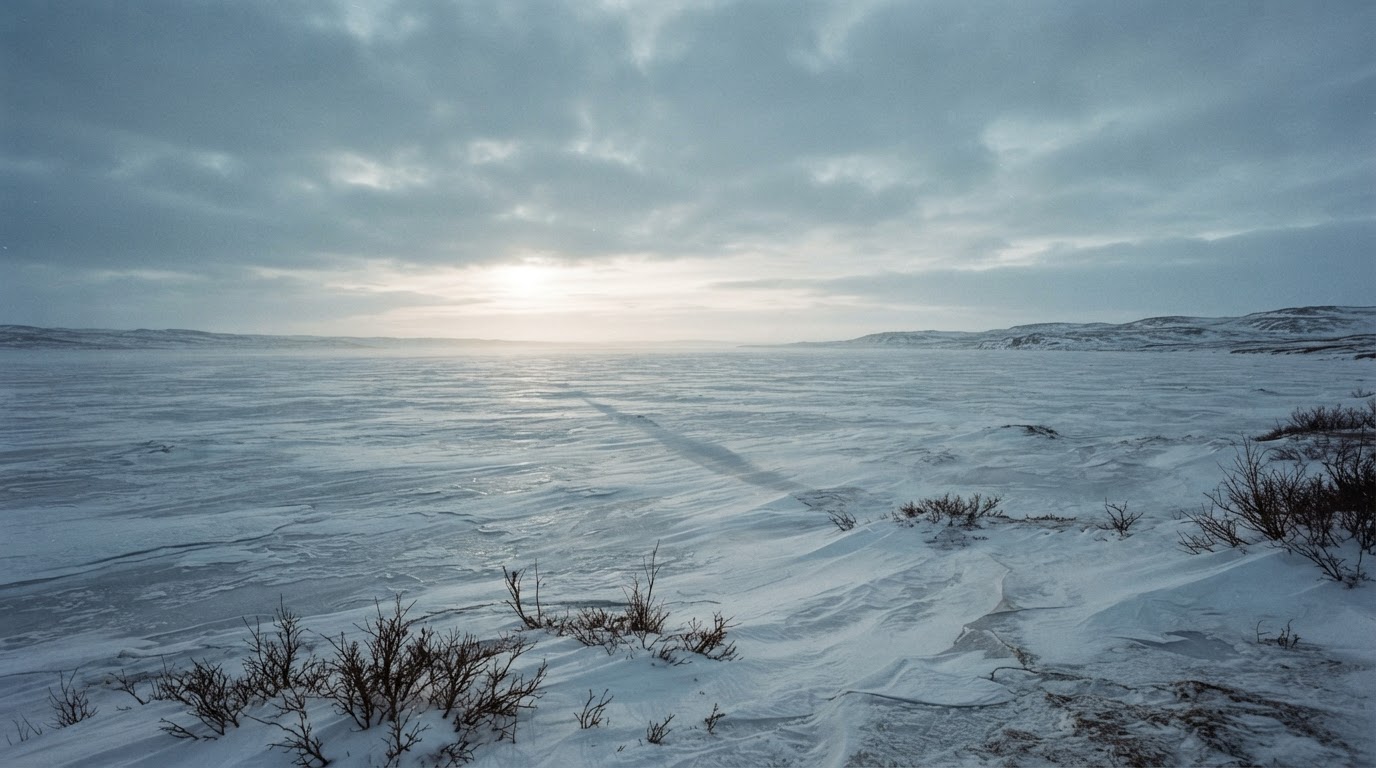 A frozen tundra lake under a low arctic sky, empty and vast with no one in sight (AI-generated image)