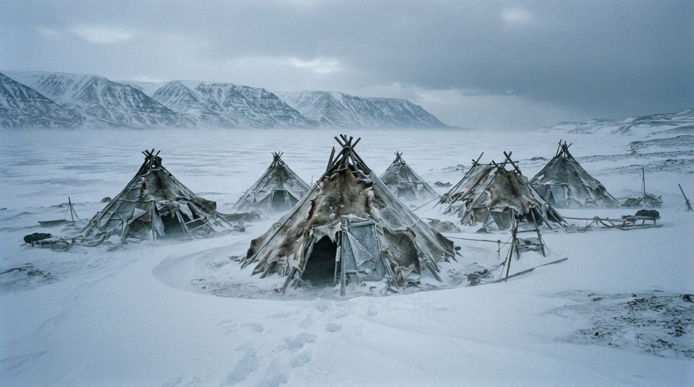 Empty caribou-skin tents standing in the snow, a deserted Inuit camp with no people (AI-generated image)