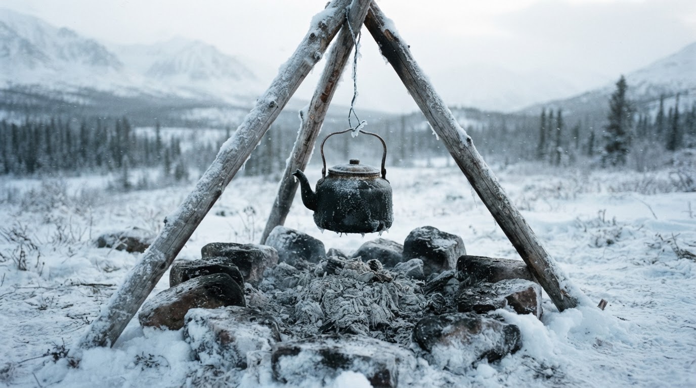 A cold campfire ring with an old kettle hanging over the ash-filled hearth (AI-generated image)