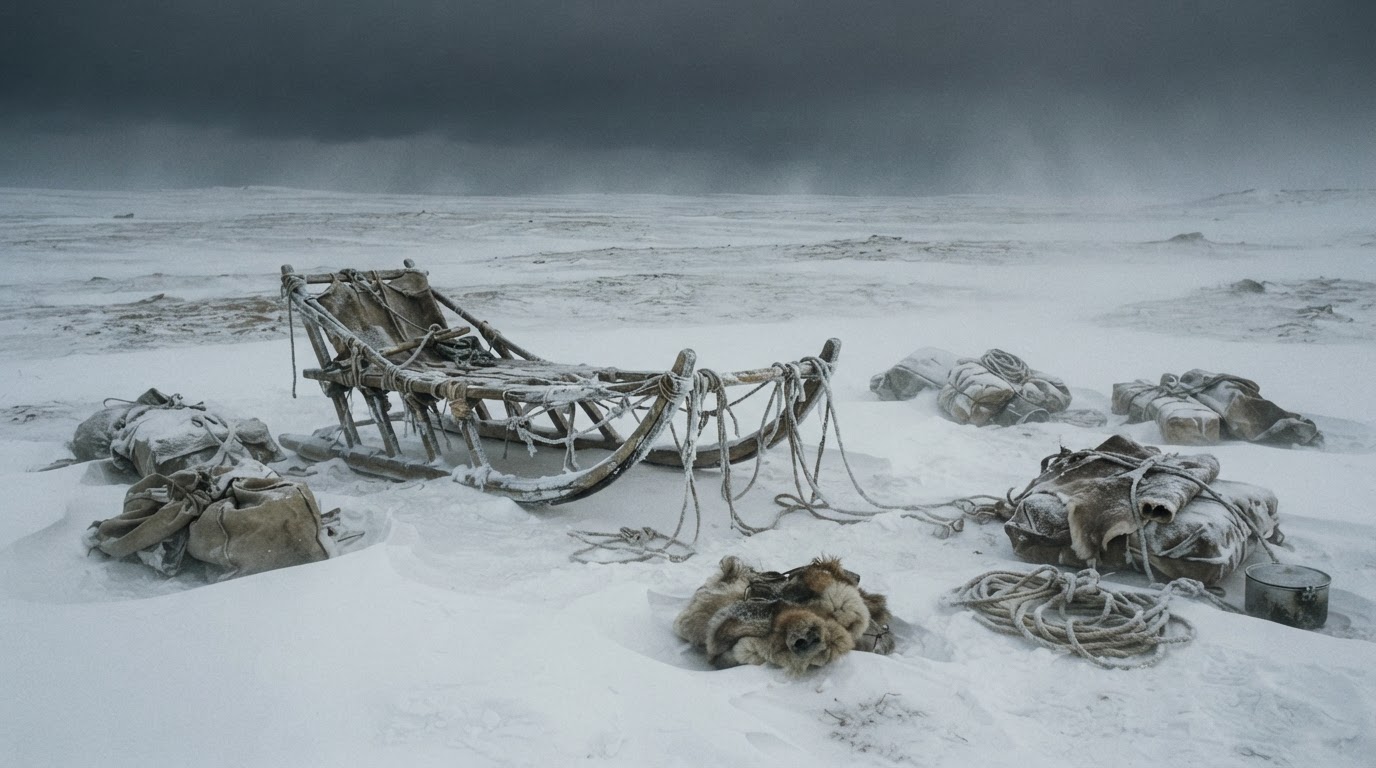 A sled and supplies abandoned in the snow, ownerless provisions left behind (AI-generated image)