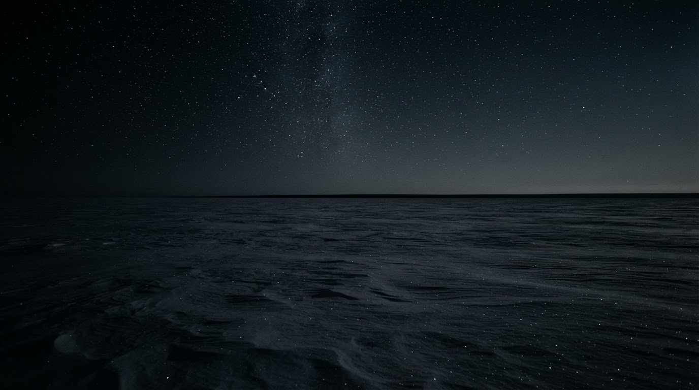 A pitch-dark tundra night with no aurora and no light, only faint starlight on the snow (AI-generated image)