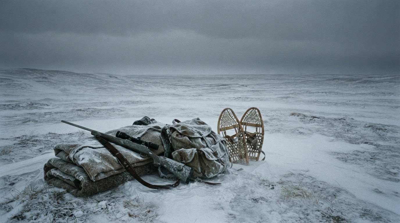 Hunting gear and supplies left alone on a vast, deserted tundra snowfield under a low grey sky (AI-generated image)