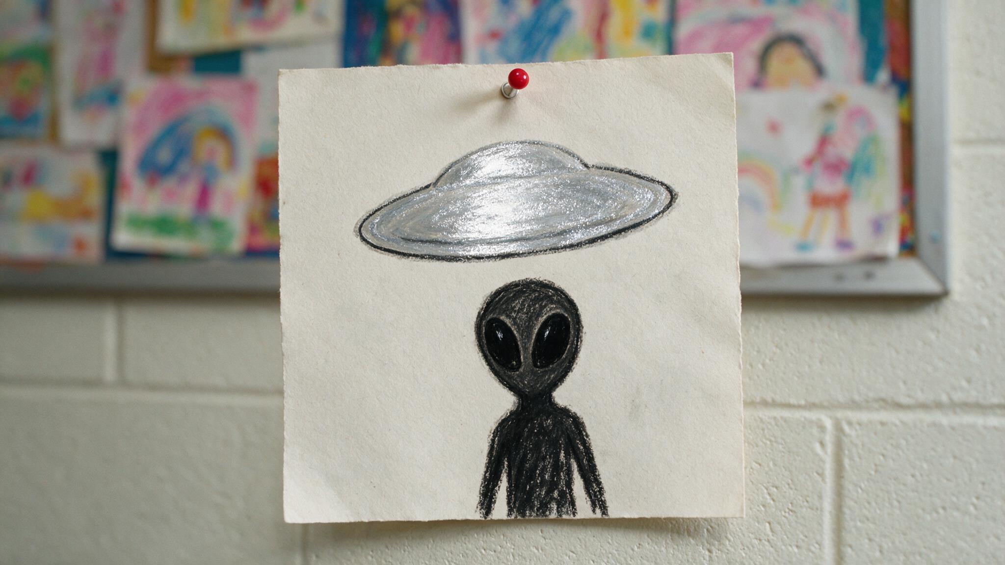 銀色の円盤と、大きな真っ黒い目をした暗い形をシンプルに描いた子どものクレヨン風の絵が壁に貼られている様子、判読できる文字なし、フォトリアルなクローズアップ(AI生成画像)