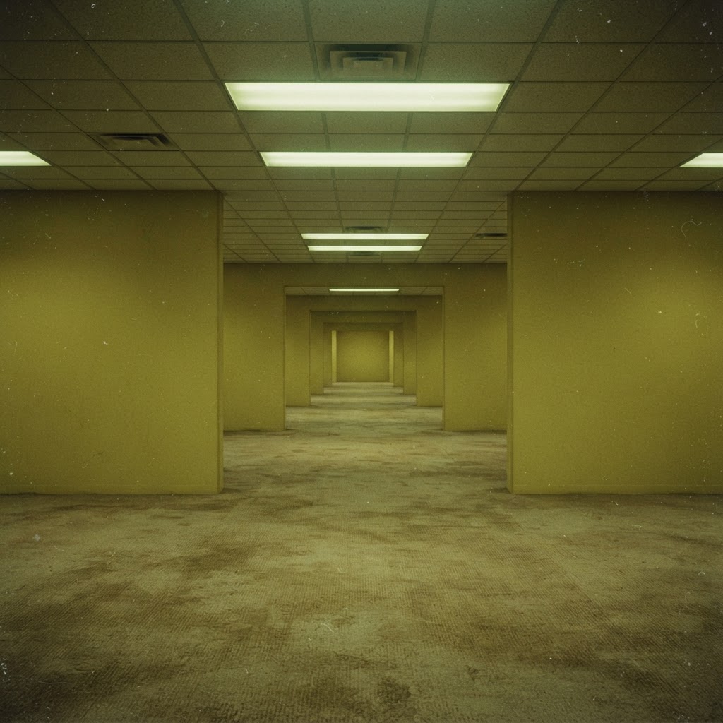 An endless empty yellow office room with damp, stained carpet and buzzing fluorescent ceiling panels (AI-generated image)