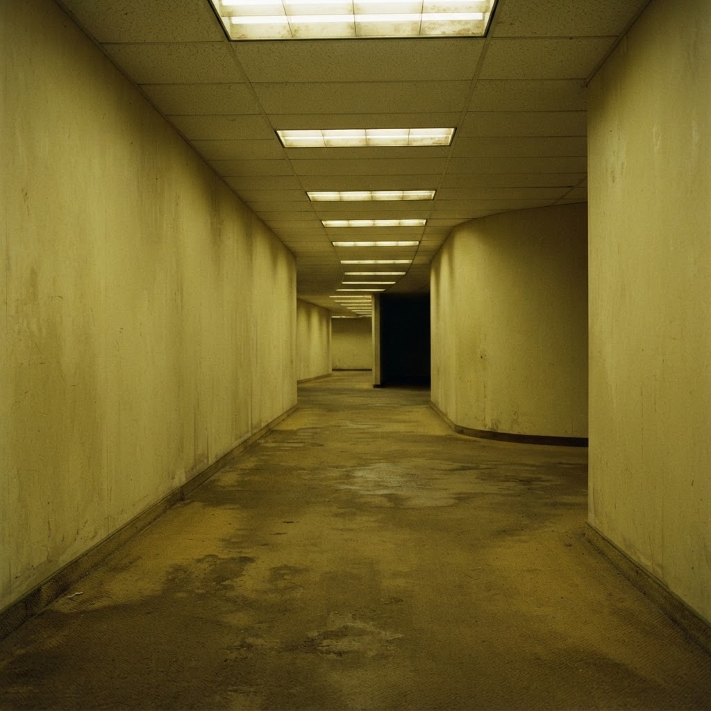 A long yellow corridor bending out of sight under humming fluorescent light (AI-generated image)