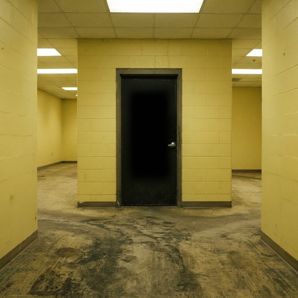 A single doorway leading into darkness within blank yellow walls (AI-generated image)