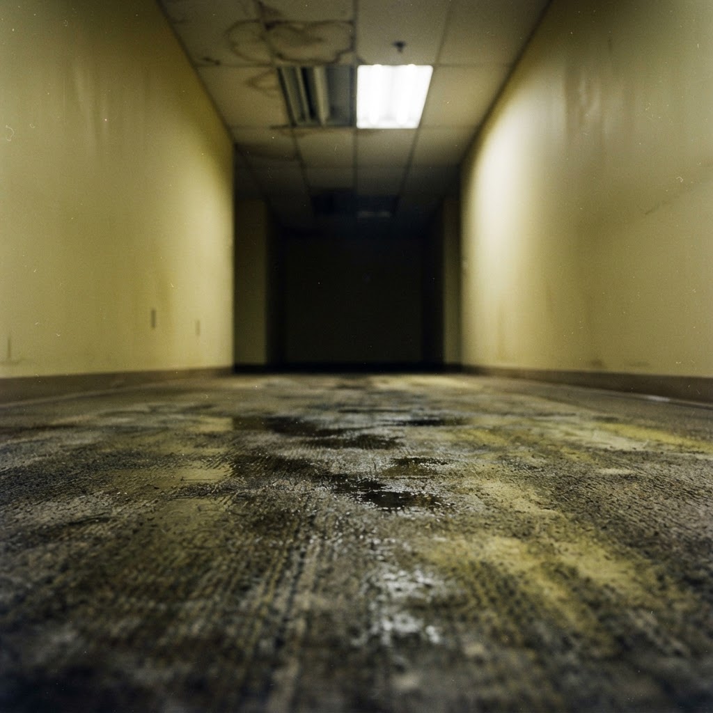 A low angle of wet, stained carpet under a flickering ceiling light (AI-generated image)