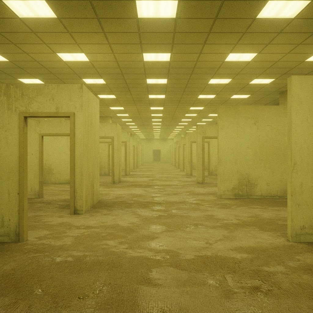Vast empty parallel yellow rooms receding into the distance (AI-generated image)