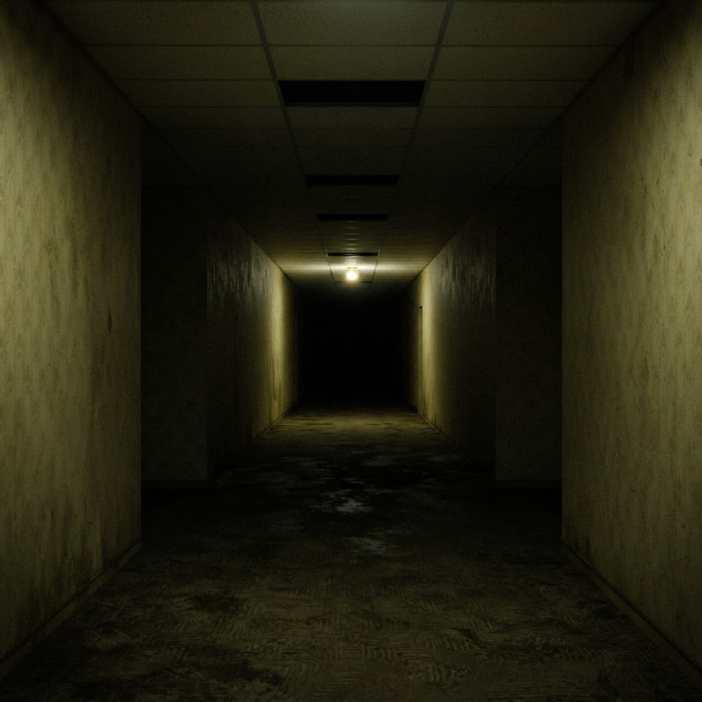 A dark, figure-less hallway with a single flickering light at the far end (AI-generated image)