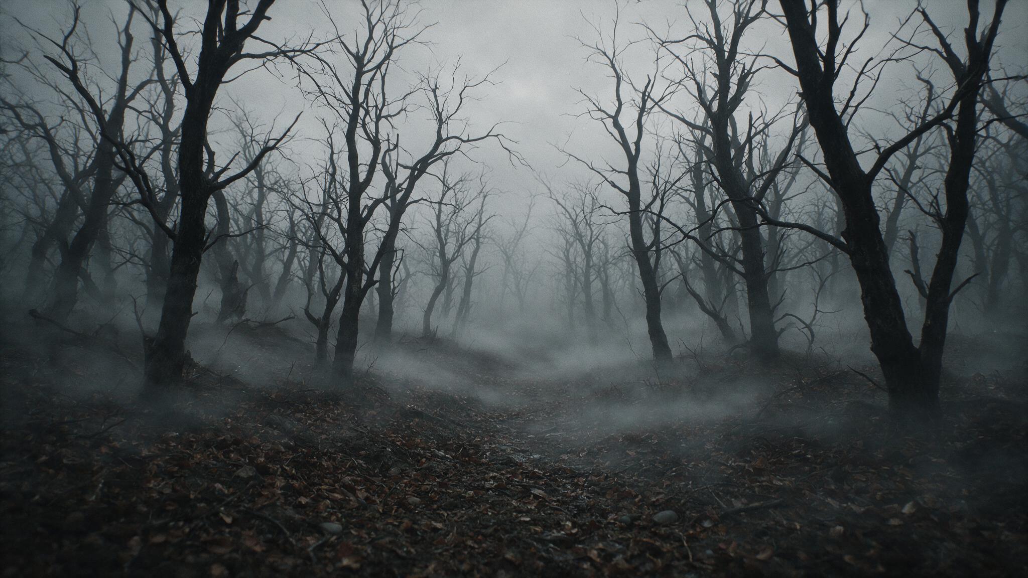 霧が濃く立ちこめた荒涼とした冬の森、葉のない黒い枝が灰色の空を裂き、湿った地面に枯れ葉が敷かれた風景、道は霧の中へ消え、人影がまったくない寂寞として陰鬱な雰囲気、人はいない(雰囲気の再現・実際の記録ではない、AI生成画像)