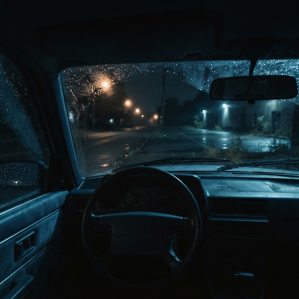 運転席から見た夜の車内、窓を伝う雨、その向こうに広がる人けのない暗い通り(AI生成画像)