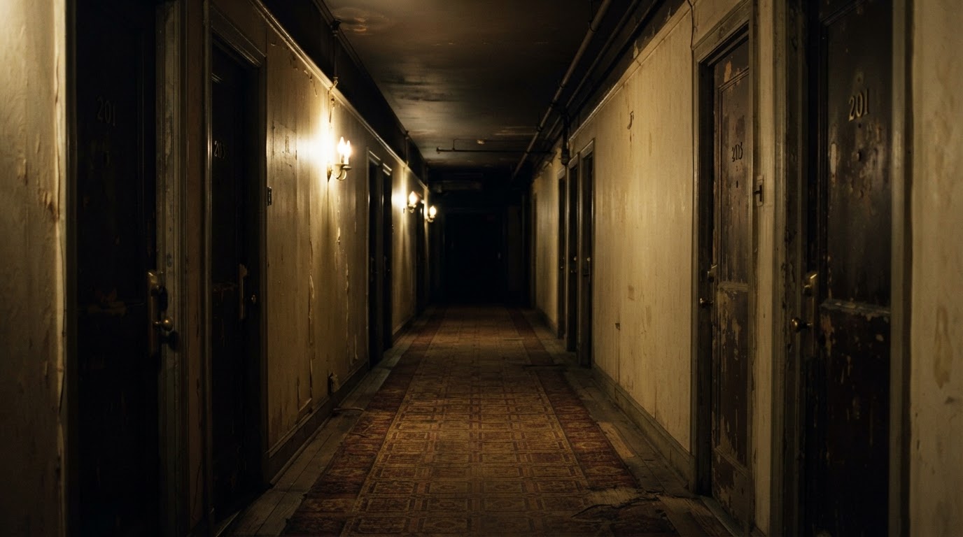 똑같은 문들이 늘어선 길고 어두운 호텔 복도 — 엘리베이터 영상이 지켜보는 듯했던 그런 텅 빈 복도.