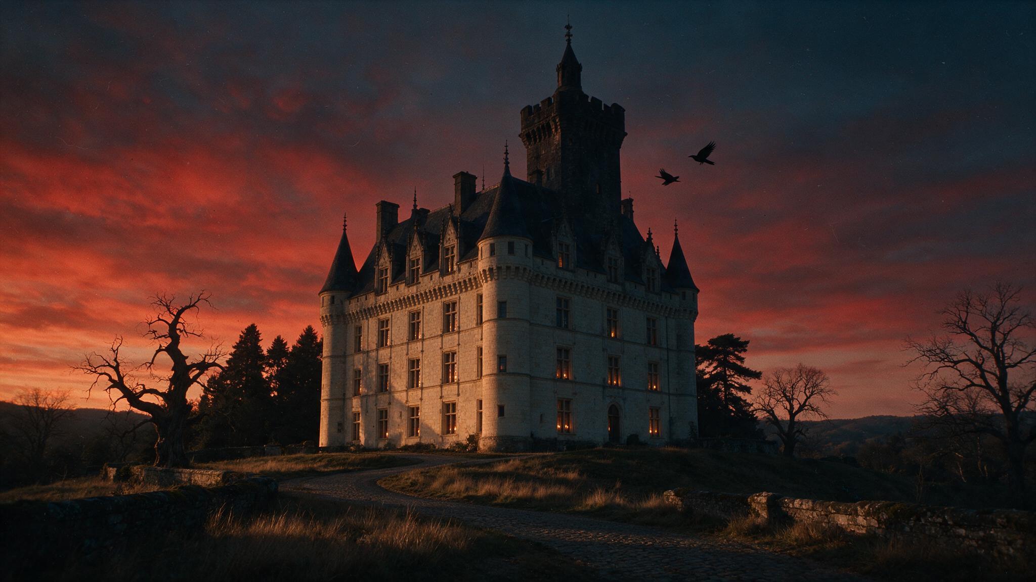 夕暮れどきのフランス・アンジュー地方の七層の古城の全景、赤く染まった空を背に高くそびえる灰白色の石造の塔の黒いシルエット、窓ごとにひとつまたひとつと灯る仄かな明かり、長く落ちる影と冷ややかな余韻、人影のない陰鬱な雰囲気（AI生成画像）