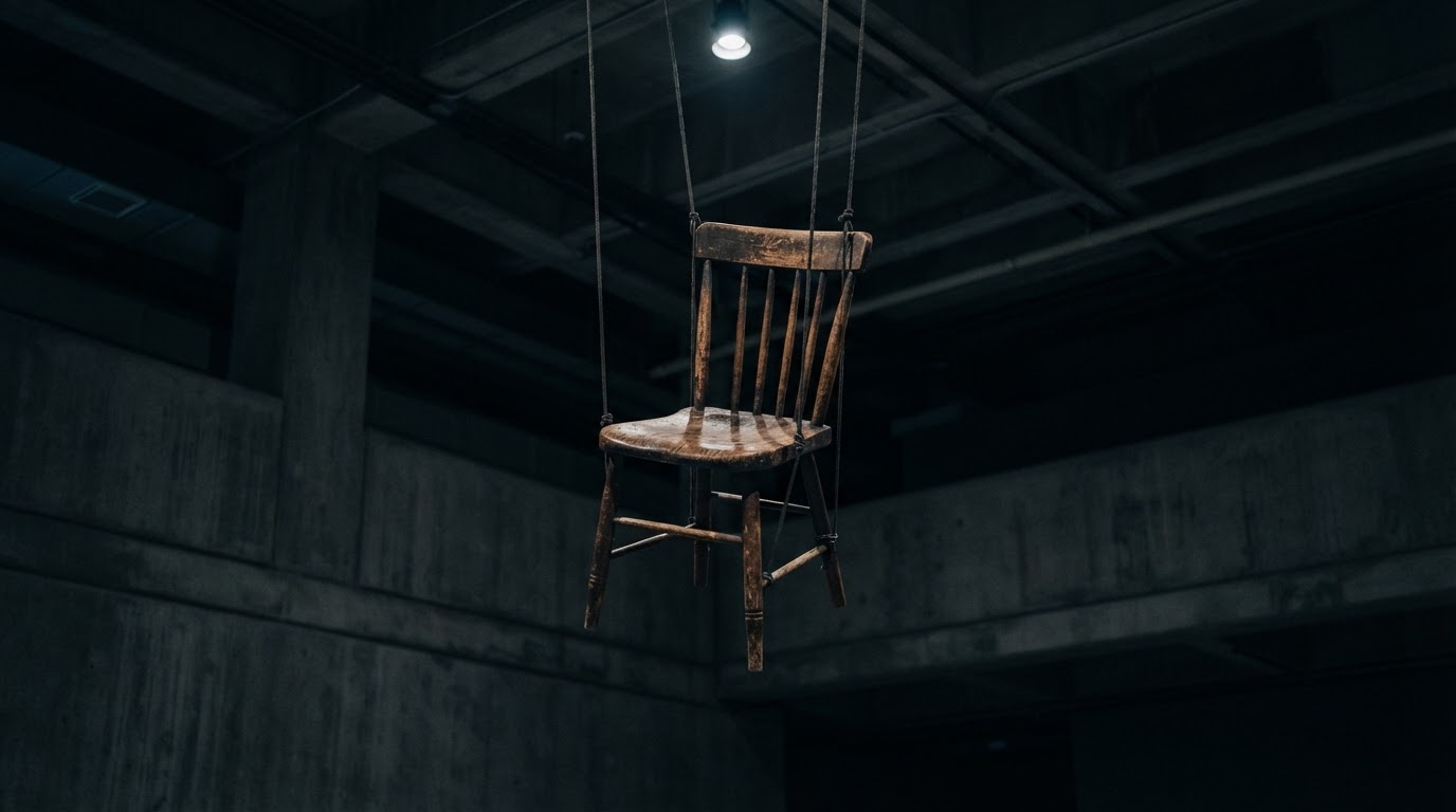 어둑한 조명 아래 박물관 천장에 매달린 오래된 나무 의자, 실사풍 (AI 생성 이미지)