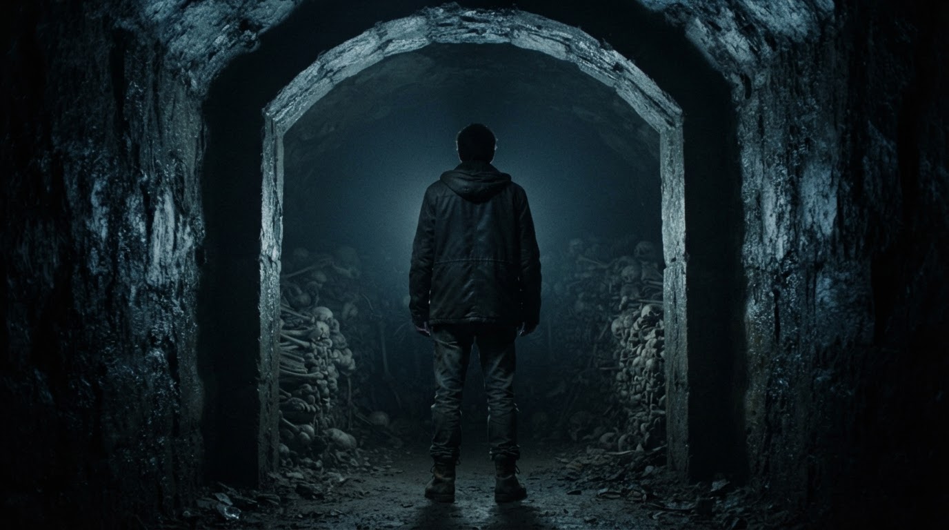 새까만 터널 입구의 문턱에 서 있는 한 사람의 실루엣, 그 너머로 납골당의 뼈들이 희미하게 보이는 (AI 생성 이미지)