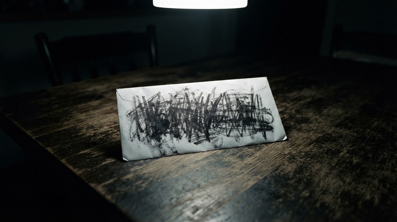 木目のキッチンテーブルに置かれた、判読できない活字体の文字が書かれた無地の封筒一通、強い照明、フォトリアル(AI生成画像)