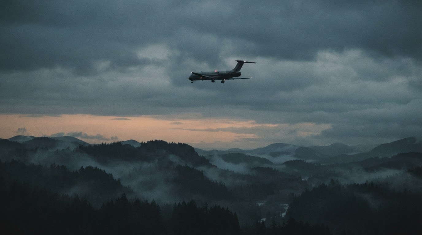 霧氣籠罩的太平洋西北地區上空,一架1970年代客機飛行的遠景,黃昏時分(AI生成圖像)