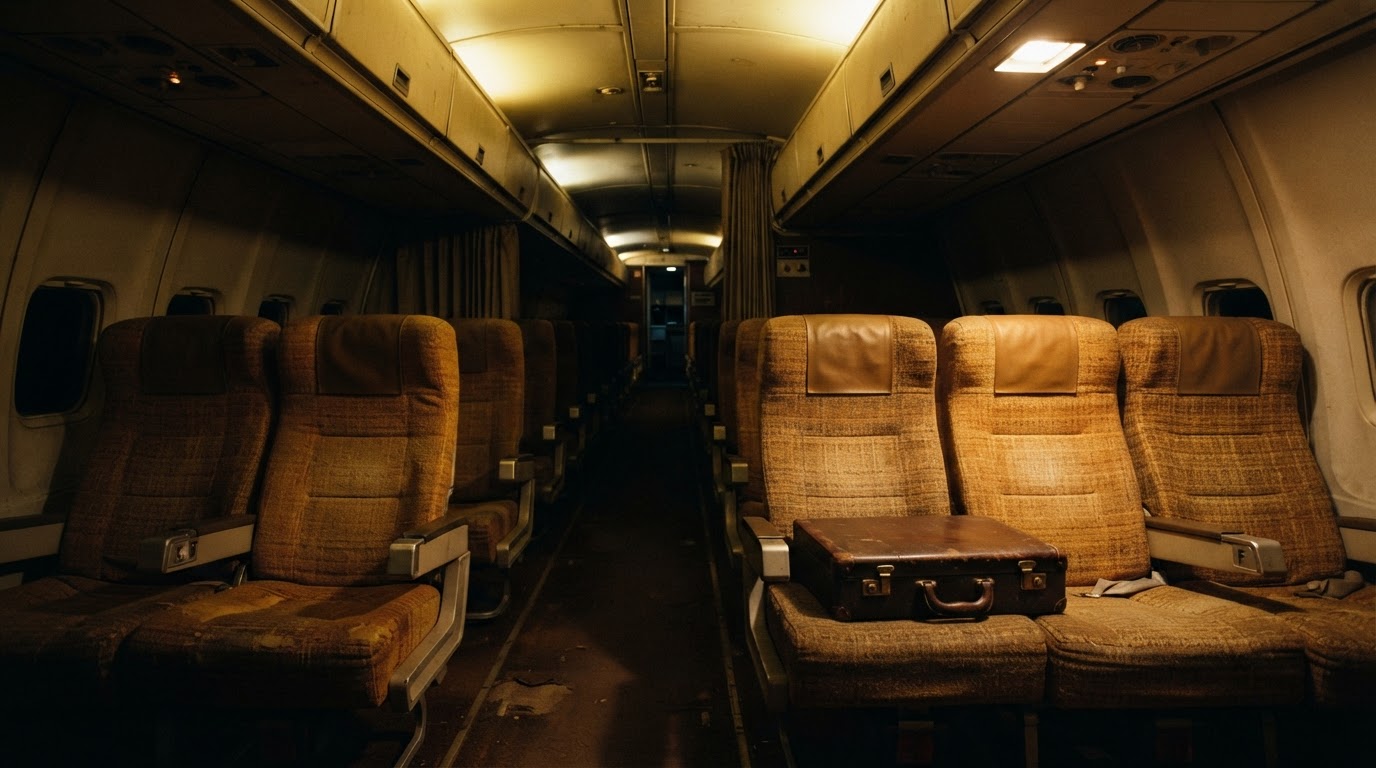 1970年代客機客艙的空座位,座椅上放著一只舊公事包,昏暗的照明(AI生成圖像)