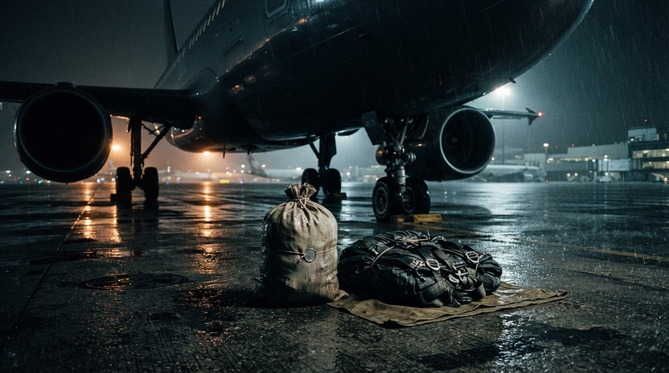 停機坪上,一只裝著現金的袋子與一捆降落傘被遞往客機下方,夜晚,無人(AI生成圖像)