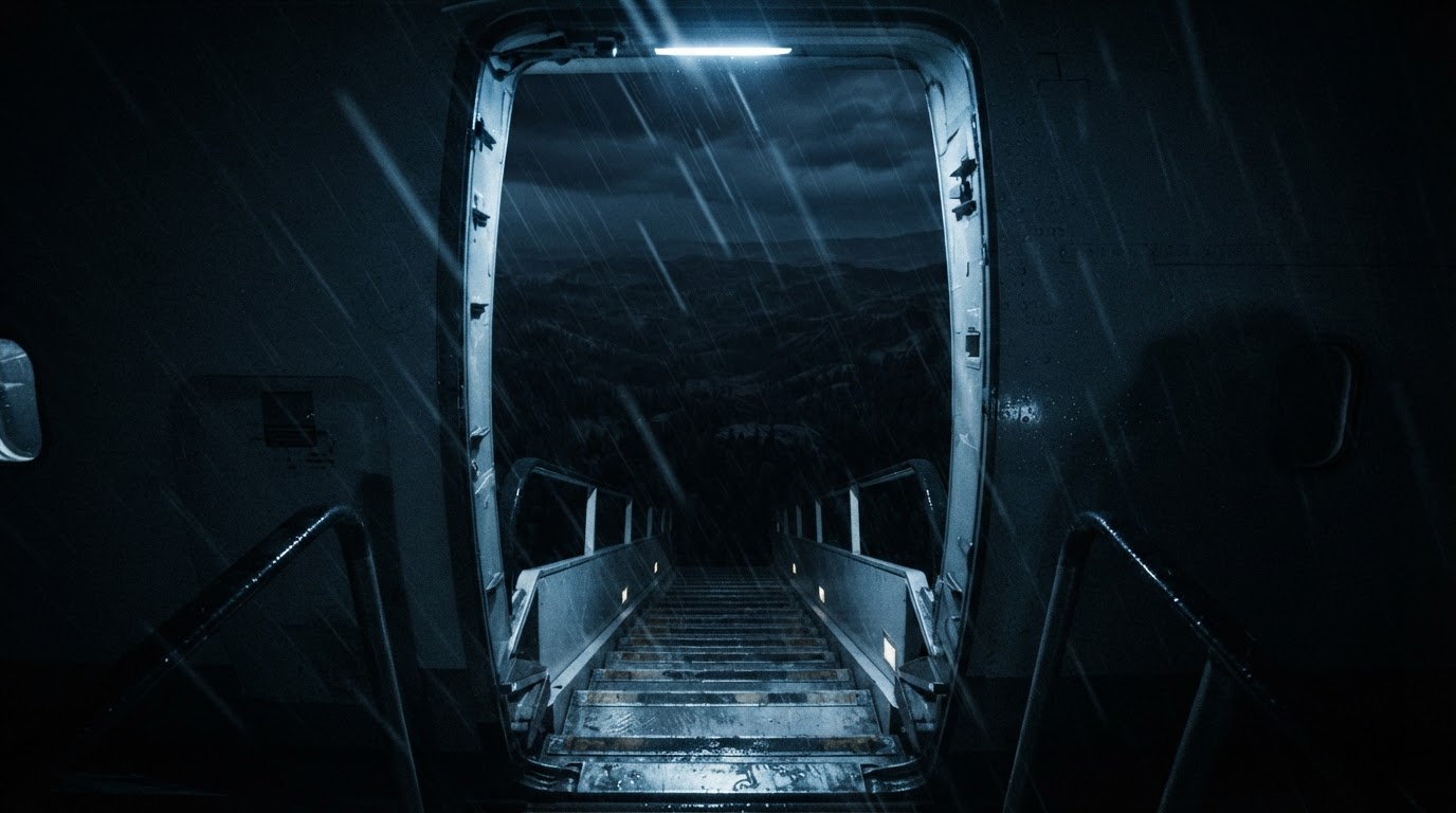 豪雨傾盆的夜空,打開的客機後艙梯下方,是一片漆黑森林的遠景(AI生成圖像)