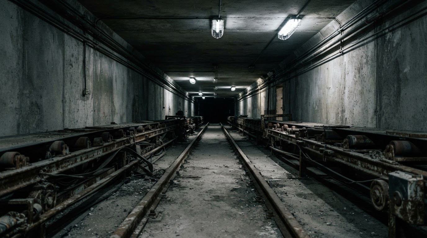 一條通往黑暗深處、鋪著棄置輸送軌道的昏暗地下混凝土通道,冷調工業照明(AI生成圖像)