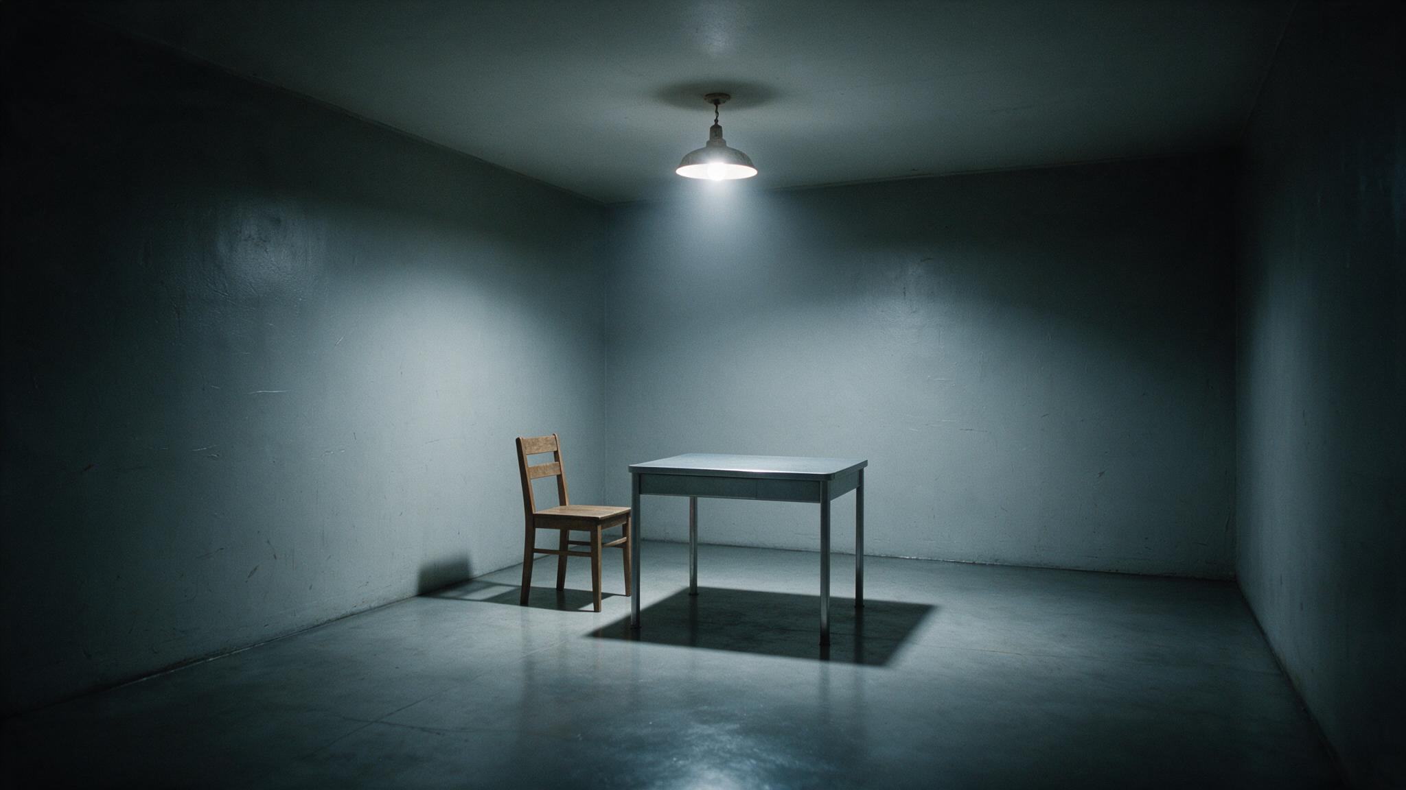 어두운 취조실의 빈 의자와 책상, 한 줄기 조명 (AI 생성 이미지)