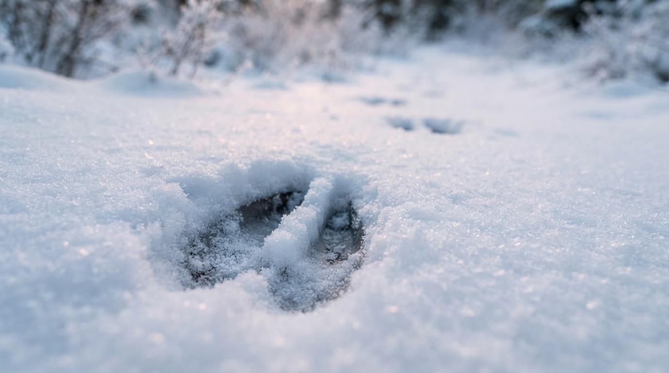 夜明けの深い雪のなかに刻まれた、割れた蹄の跡ひとつのクローズアップ、フォトリアル(AI生成画像)