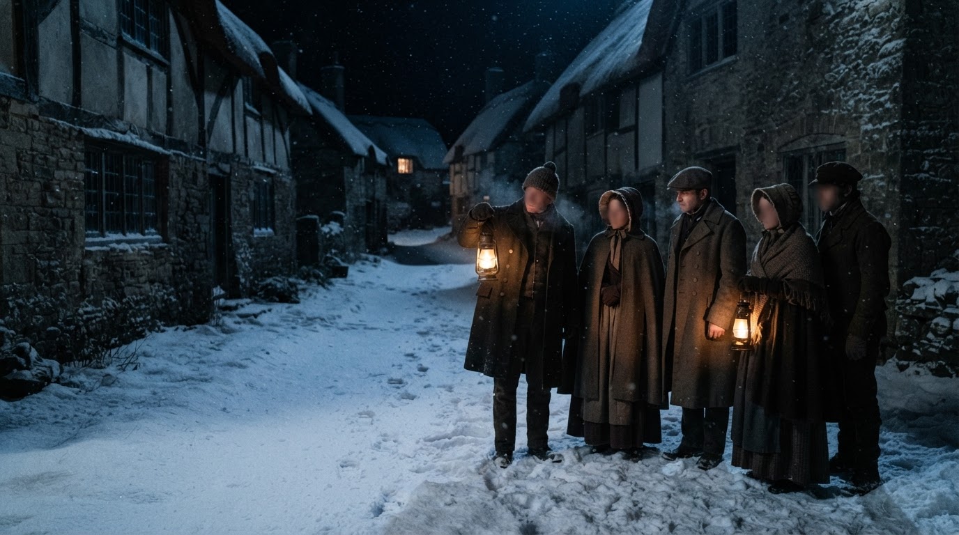 灯りを手にした19世紀の村人たちが夜、雪のなかに集まっている様子、顔は影に隠れて見えない(AI生成画像)