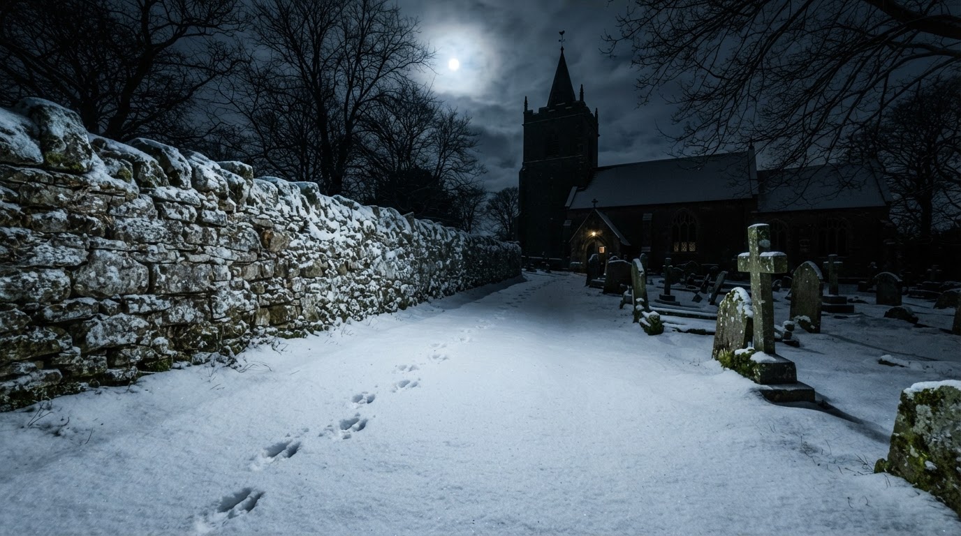 夜の雪に覆われた教会墓地の塀、その両側に蹄の跡が現れている様子、雰囲気のあるフォトリアル(AI生成画像)
