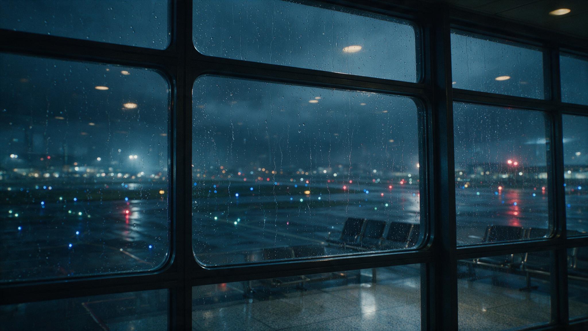 夜裡的機場玻璃窗上雨痕流淌,玻璃外跑道的燈光暈散開來,不見人影(AI生成圖像)
