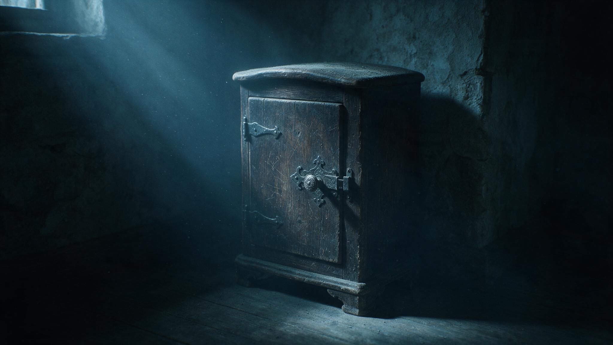 An old wooden wine cabinet standing in the corner of a dark room, its hinged door shut tight, only a faint light falling across its dust-covered surface, an eerie antique atmosphere (AI-generated image)
