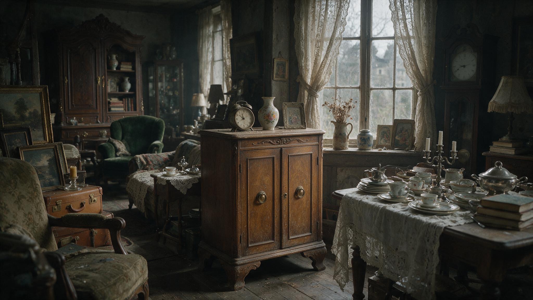 The dim interior of an estate sale, a small wooden cabinet resting among old furniture, faint afternoon light filtering through dusty air, a lonely and somber atmosphere (AI-generated image)